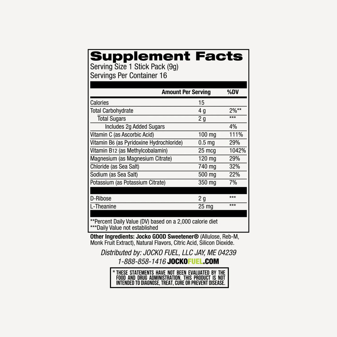 Jocko Hydrate hydration Sticks - Lemon Lime Flavour - Jocko Fuel Australia - Supplement Facts - Nutritional Information