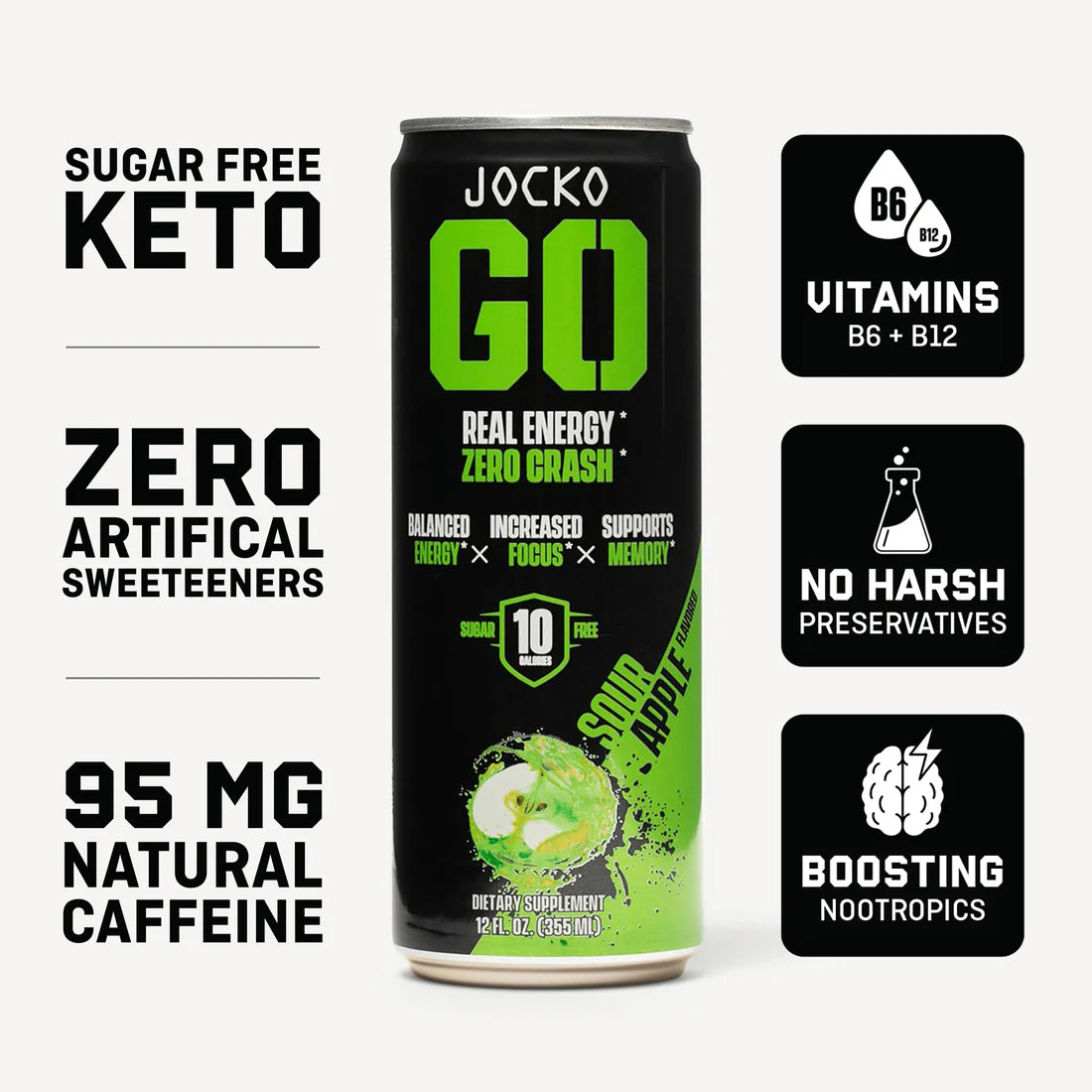 Jocko Go Sugar Free Energy Drink Can - Sour Apple - Clean Caffeine and Nootropics