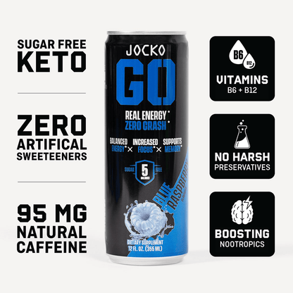 Jocko Go Sugar Free Energy Drink Can - Blue Raspberry - Clean Caffeine and Nootropics