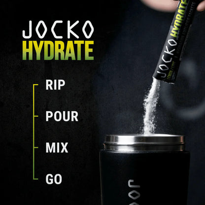 JOCKO HYDRATE product being poured into a container with text instructions