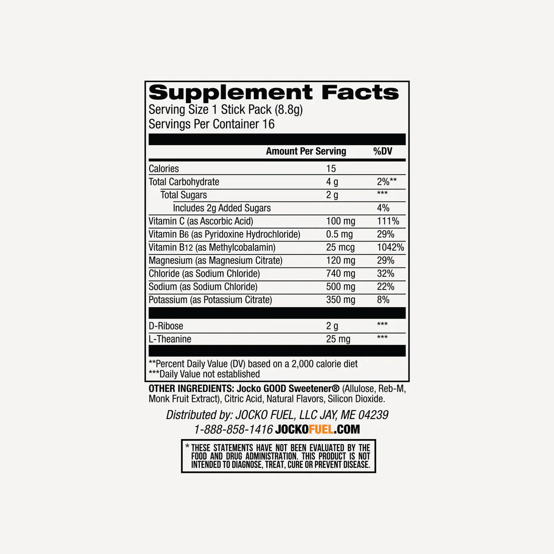 Nutritional label for Jocko Fuel Hydrate Sticks