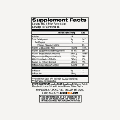 Nutritional label for Jocko Fuel Hydrate Sticks