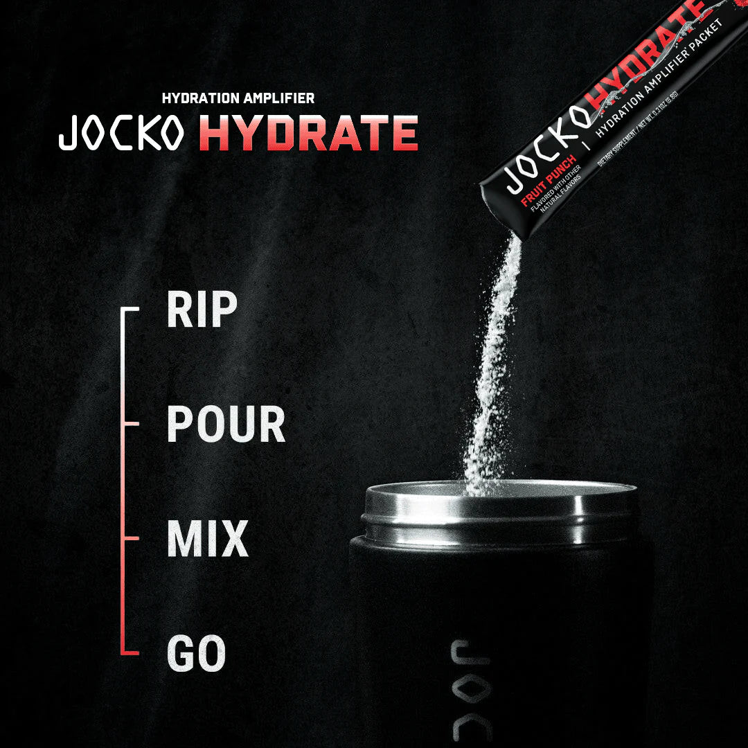 JOCKO Hydrate powder being poured into a container with instructions 