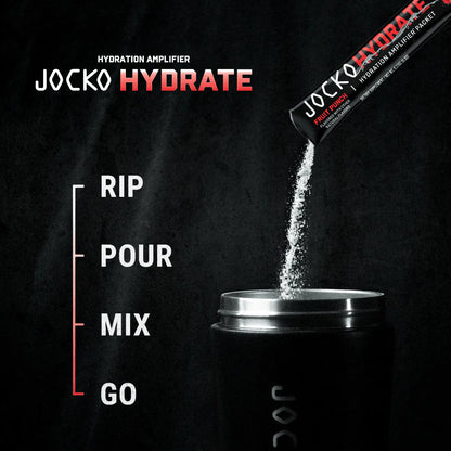 JOCKO Hydrate powder being poured into a container with instructions 