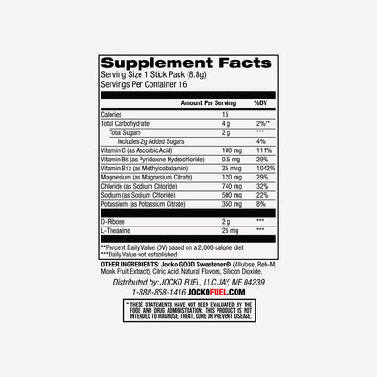 Jocko Hydrate hydration Sticks - Fruit Punch Flavour - Jocko Fuel Australia - Supplement Facts - Nutritional Information