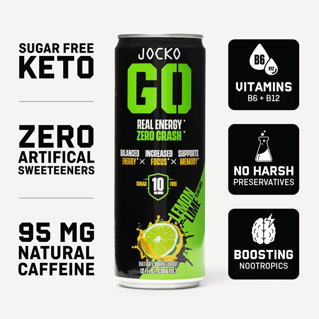 Jocko Go Sugar Free Energy Drink Can - Lemon Lime - Clean Caffeine and Nootropics