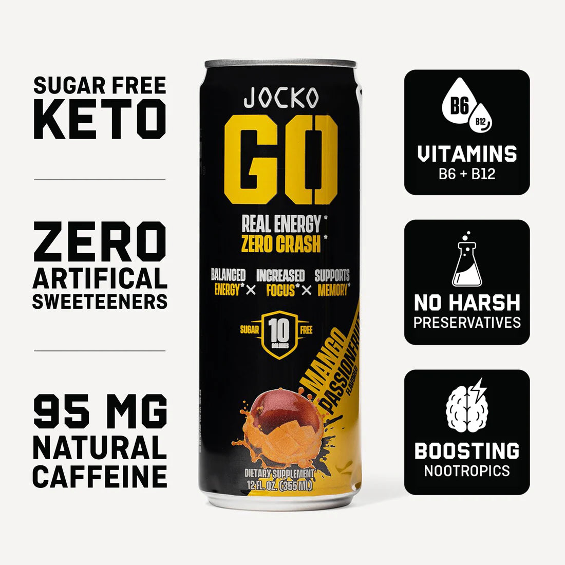 Jocko Go Sugar Free Energy Drink Can - Mango Passionfruit - Clean Caffeine and Nootropics