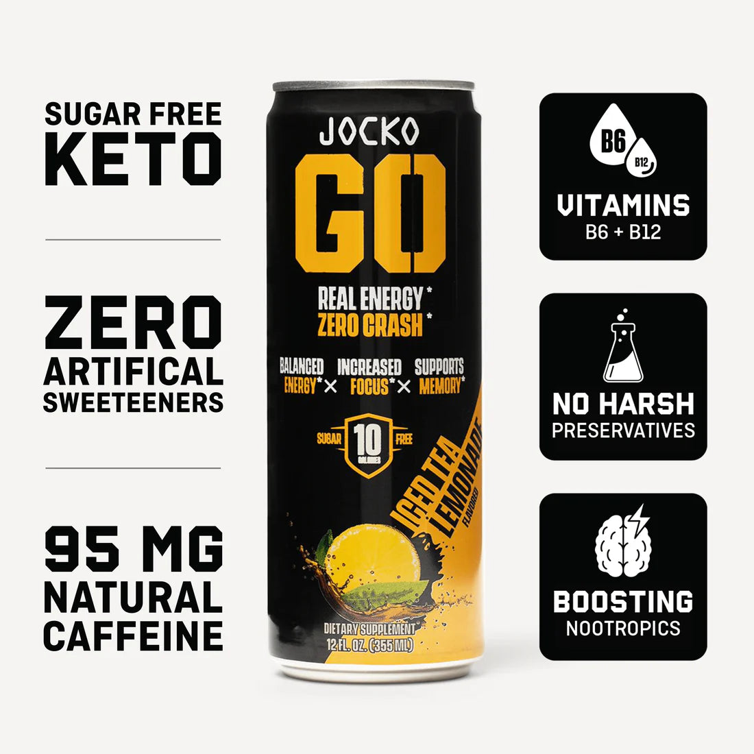 Jocko Go Sugar Free Energy Drink Can - Iced Tea Lemonade - Clean Caffeine and Nootropics